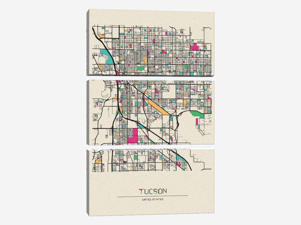 Tucson, Arizona Map by Ayse Deniz Akerman 3-piece Canvas Print