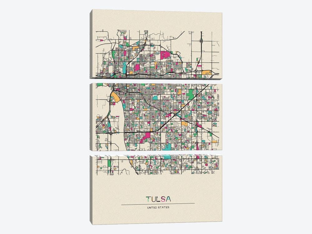 Tulsa, Oklahoma Map by Ayse Deniz Akerman 3-piece Canvas Art