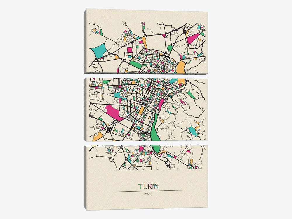 Turin, Italy Map by Ayse Deniz Akerman 3-piece Canvas Print