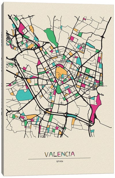 Valencia, Spain Map Canvas Art Print - Ayse Deniz Akerman