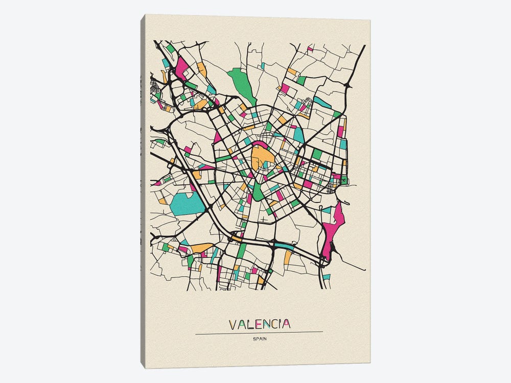 Valencia, Spain Map by Ayse Deniz Akerman 1-piece Canvas Artwork
