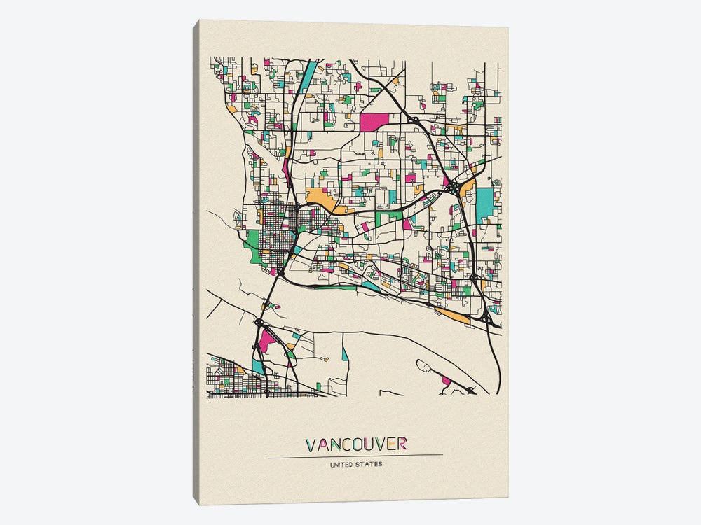 Vancouver, Washington Map by Ayse Deniz Akerman 1-piece Canvas Art Print