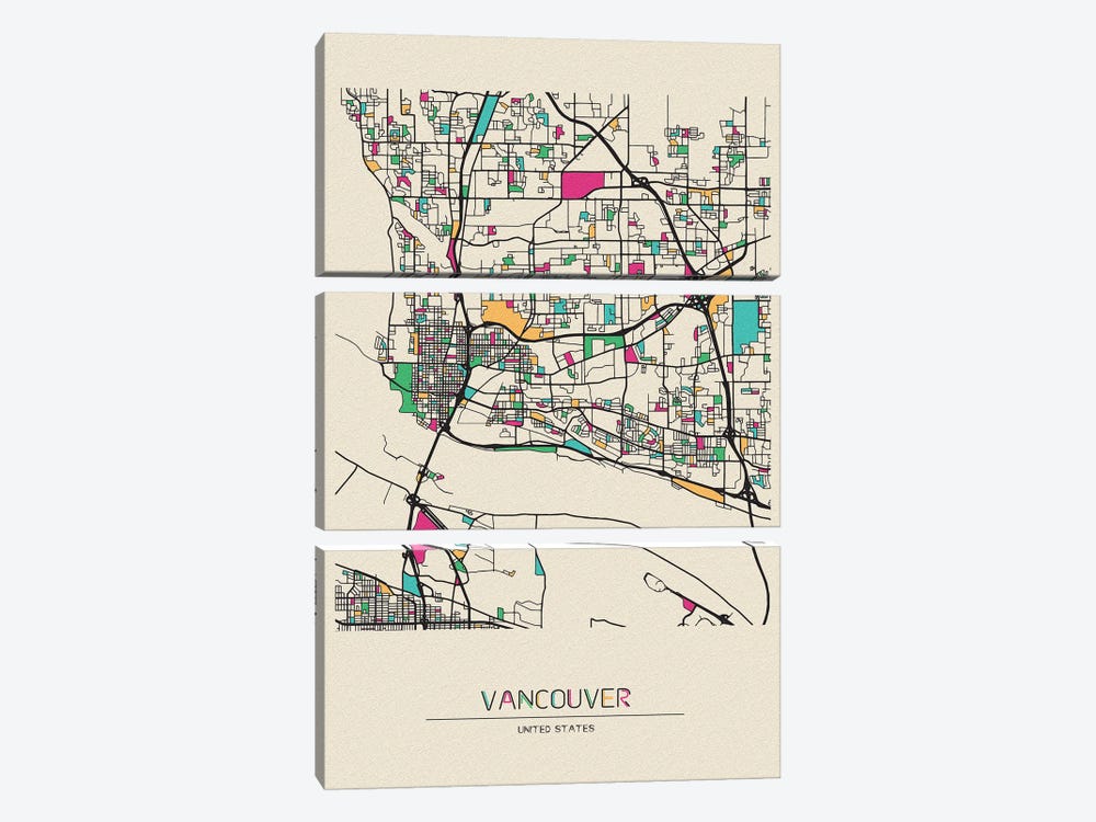 Vancouver, Washington Map by Ayse Deniz Akerman 3-piece Canvas Print