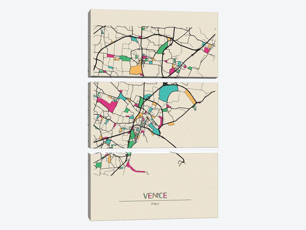 Venice, Italy Map by Ayse Deniz Akerman 3-piece Canvas Artwork