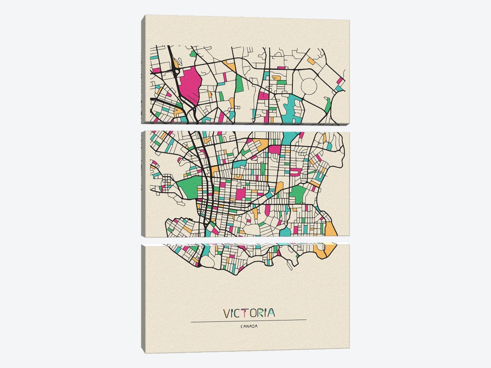 Victoria, British Columbia Map by Ayse Deniz Akerman 3-piece Canvas Art Print