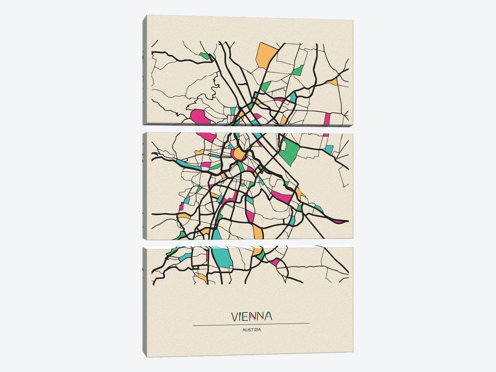 Vienna, Austria Map by Ayse Deniz Akerman 3-piece Canvas Art