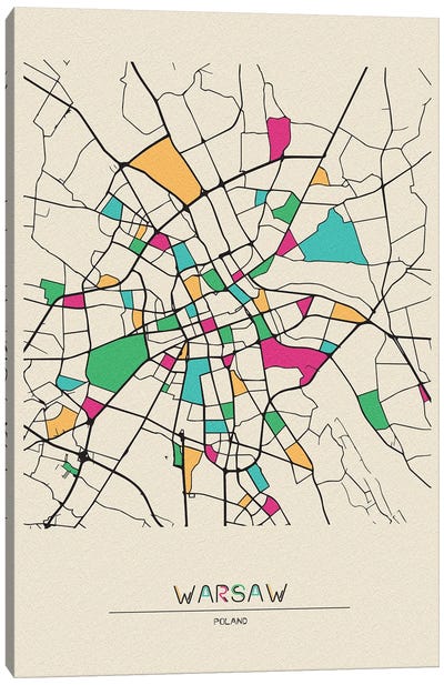Warsaw, Poland Map Canvas Art Print - Ayse Deniz Akerman
