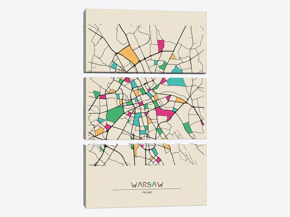 Warsaw, Poland Map by Ayse Deniz Akerman 3-piece Canvas Art Print