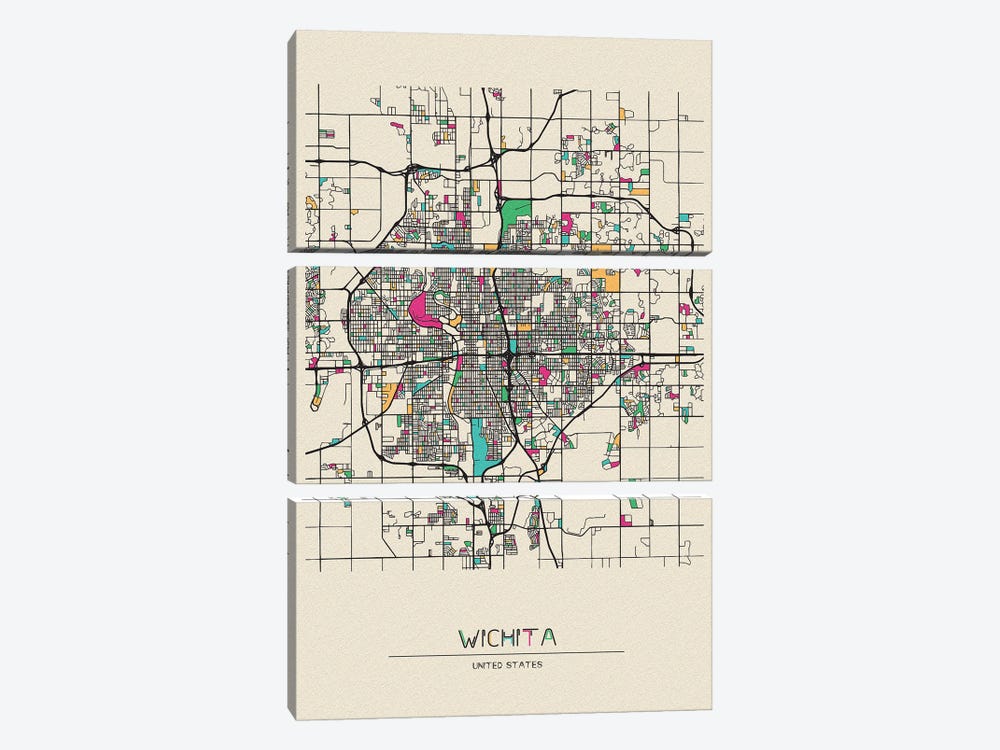 Wichita, Kansas Map by Ayse Deniz Akerman 3-piece Canvas Art Print