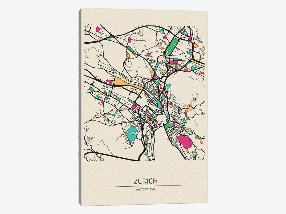 Zurich, Switzerland Map by Ayse Deniz Akerman 1-piece Canvas Print