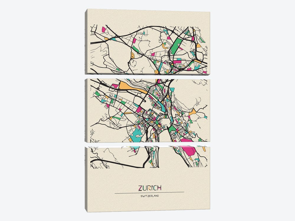 Zurich, Switzerland Map by Ayse Deniz Akerman 3-piece Canvas Print