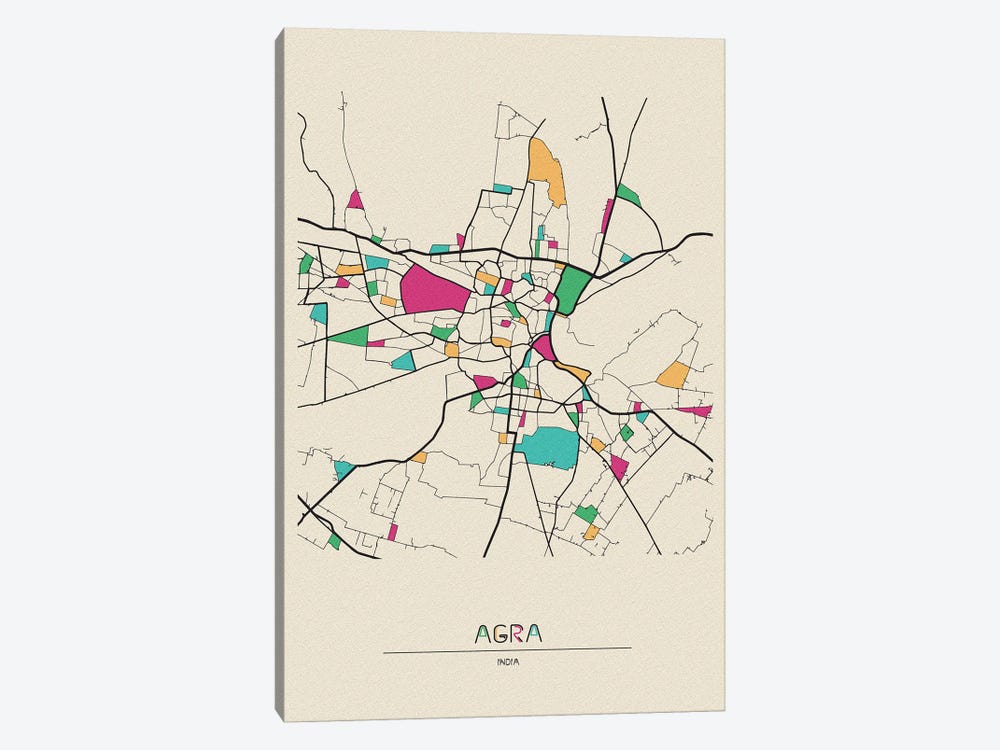 Agra, India Map by Ayse Deniz Akerman 1-piece Canvas Art