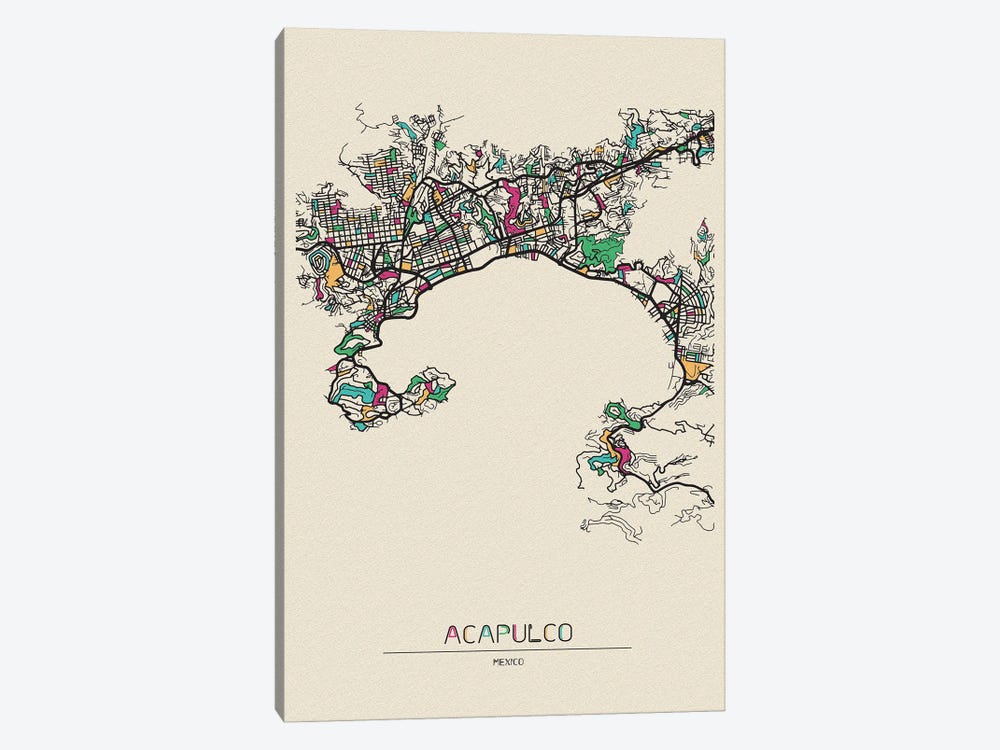 Acapulco, Mexico Map by Ayse Deniz Akerman 1-piece Canvas Art Print
