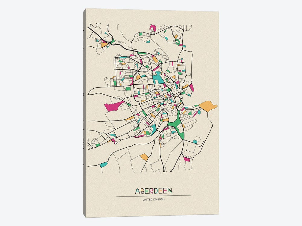 Aberdeen, United Kingdom Map by Ayse Deniz Akerman 1-piece Canvas Print
