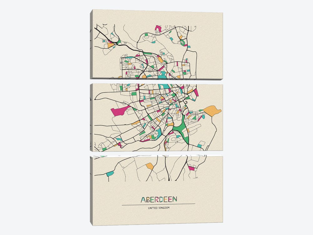 Aberdeen, United Kingdom Map by Ayse Deniz Akerman 3-piece Canvas Print