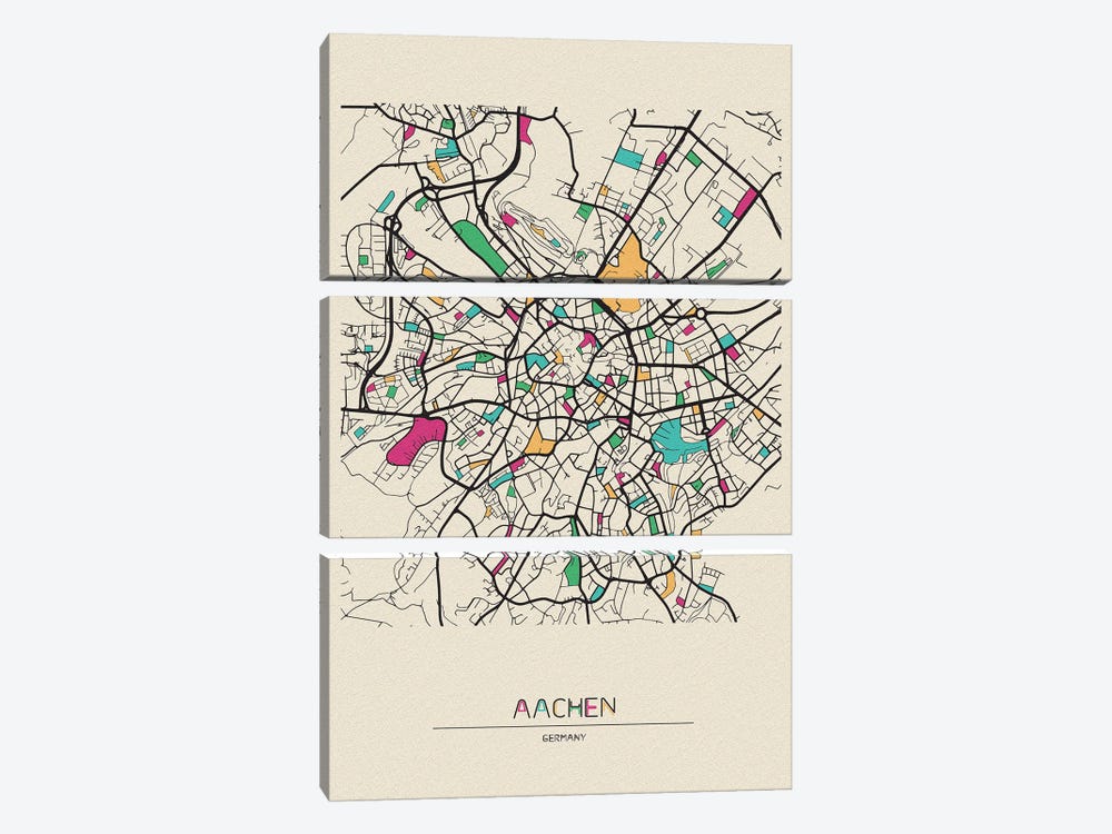 Aachen, Germany Map by Ayse Deniz Akerman 3-piece Canvas Wall Art