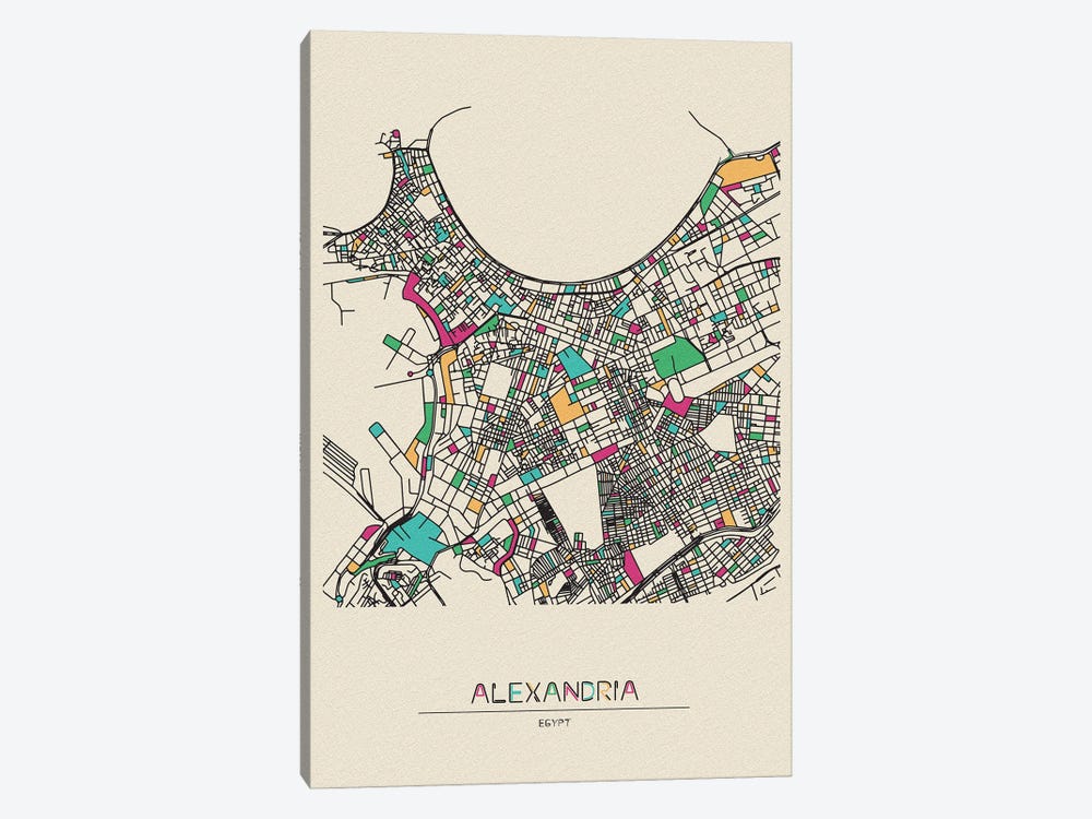 Alexandria, Egypt Map by Ayse Deniz Akerman 1-piece Canvas Art Print