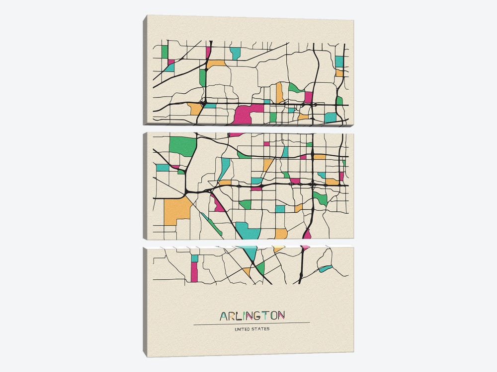 Arlington, Texas Map by Ayse Deniz Akerman 3-piece Canvas Art Print