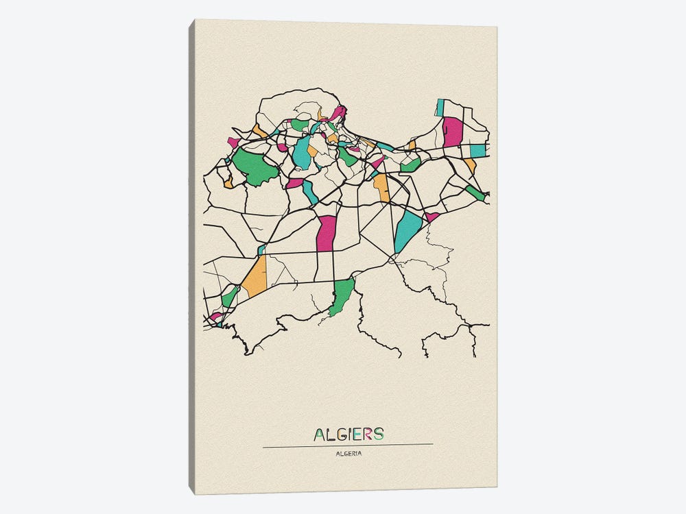 Algiers, Algeria Map by Ayse Deniz Akerman 1-piece Canvas Print