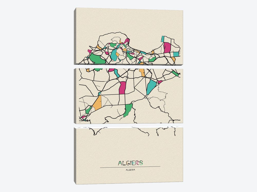 Algiers, Algeria Map by Ayse Deniz Akerman 3-piece Canvas Print
