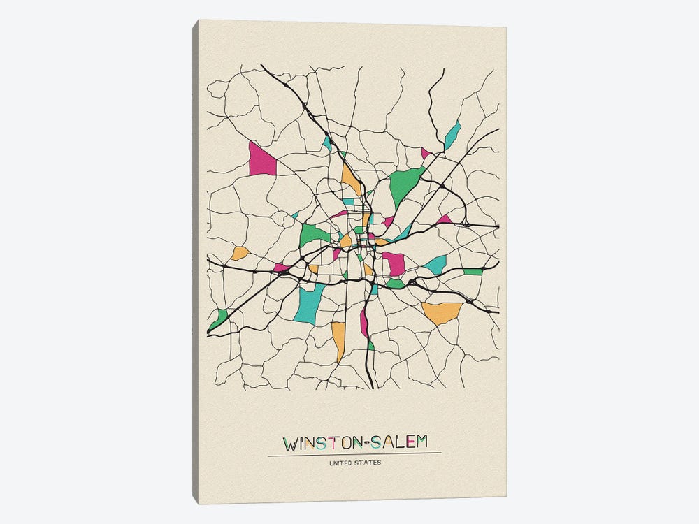 Winston-Salem, North Carolina Map by Ayse Deniz Akerman 1-piece Canvas Artwork