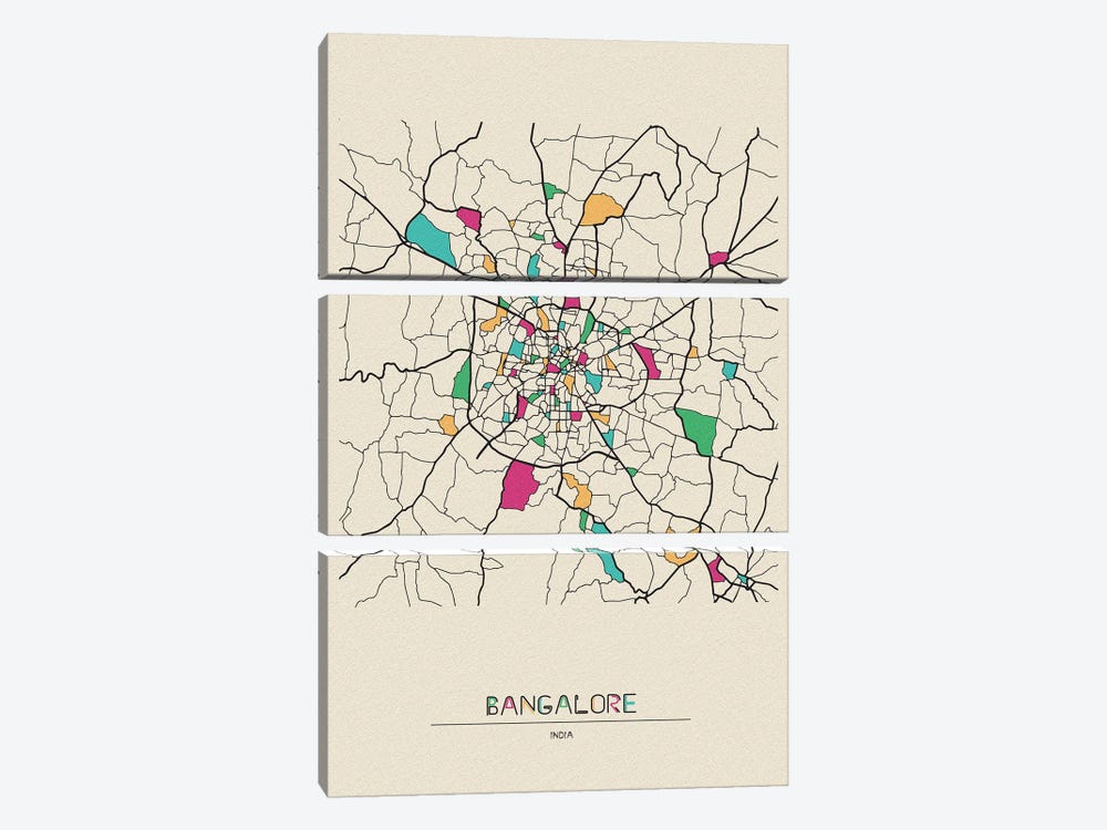Bangalore, India Map by Ayse Deniz Akerman 3-piece Canvas Art Print