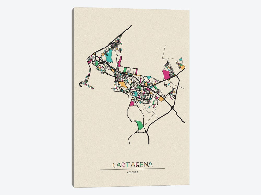 Cartagena, Colombia Map by Ayse Deniz Akerman 1-piece Canvas Print