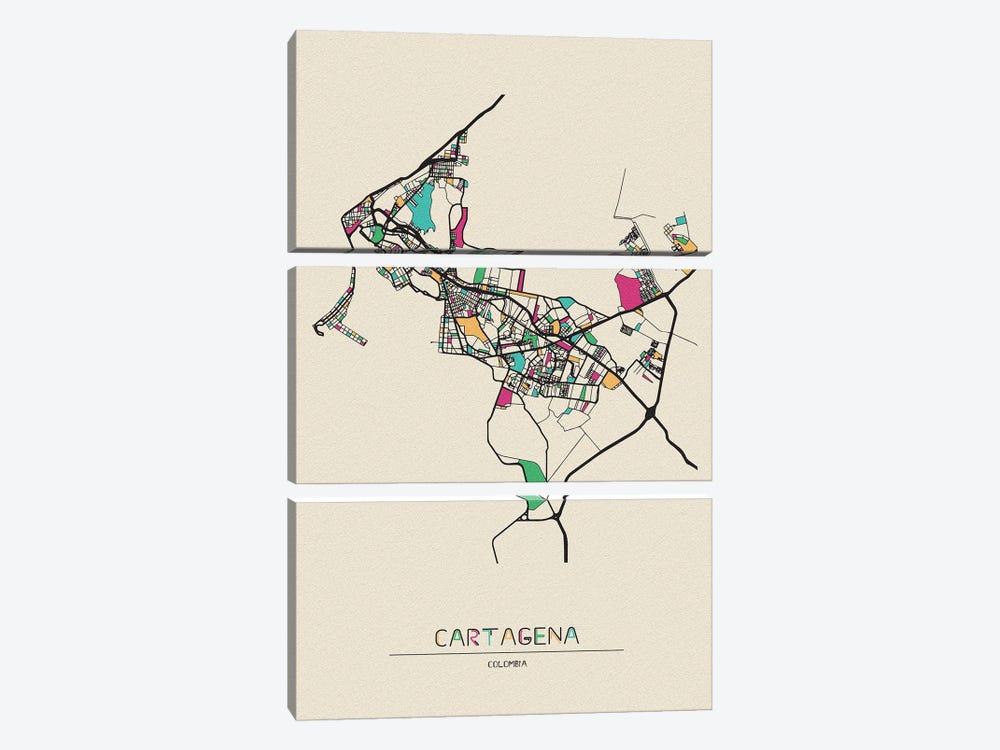 Cartagena, Colombia Map by Ayse Deniz Akerman 3-piece Canvas Art Print