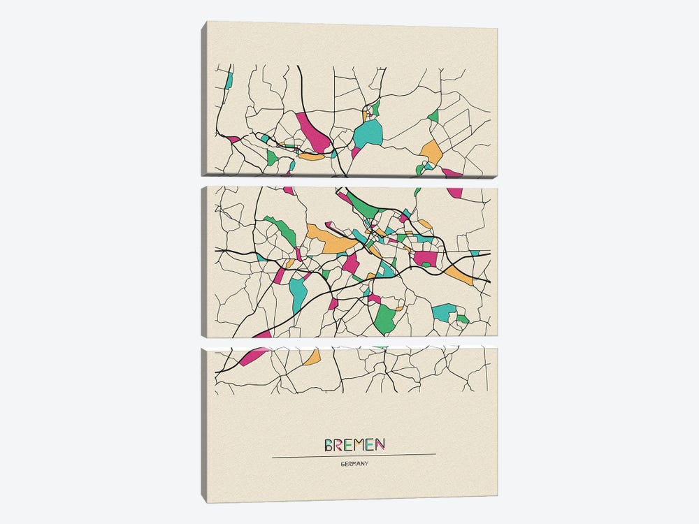 Bremen, Germany Map by Ayse Deniz Akerman 3-piece Canvas Art