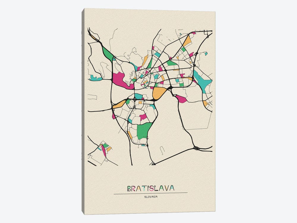 Bratislava, Slovakia Map by Ayse Deniz Akerman 1-piece Canvas Art Print