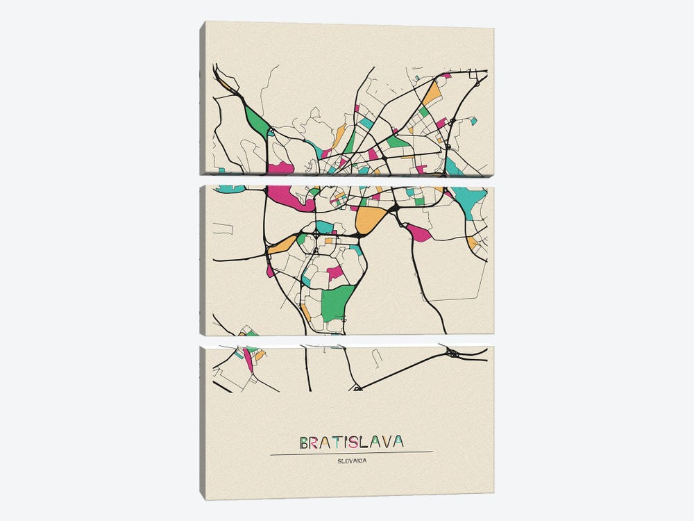Bratislava, Slovakia Map by Ayse Deniz Akerman 3-piece Canvas Print
