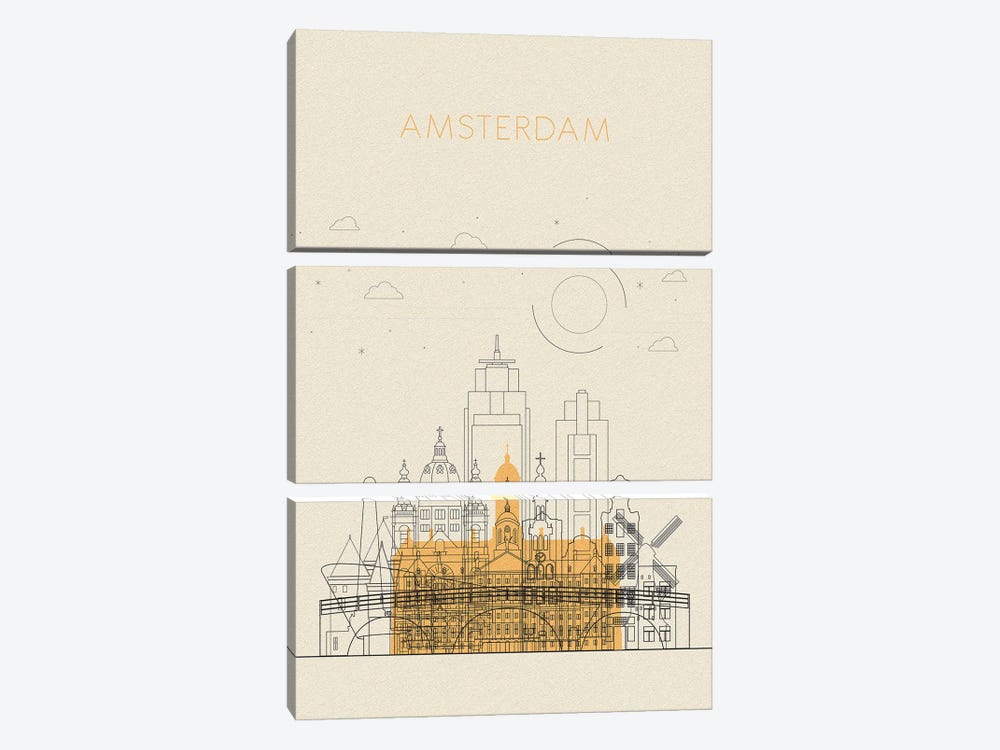 Amsterdam, Netherlands Cityscape by Ayse Deniz Akerman 3-piece Canvas Art