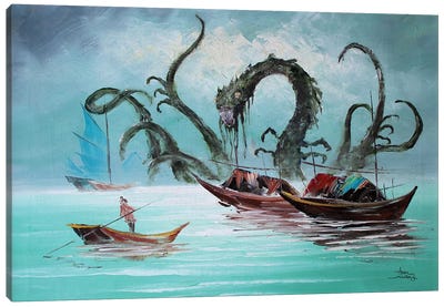 First Sea Landscape Monster Canvas Art Print - Rowboat Art