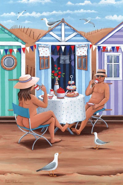 Large Coastal Art - Canvas Prints: Beach Huts Afternoon Teas by Peter Adderley