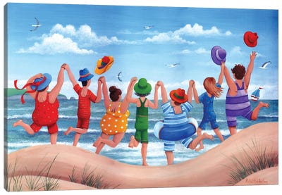 Beach Party Rainbow Scene Canvas Art Print - Large Coastal Art