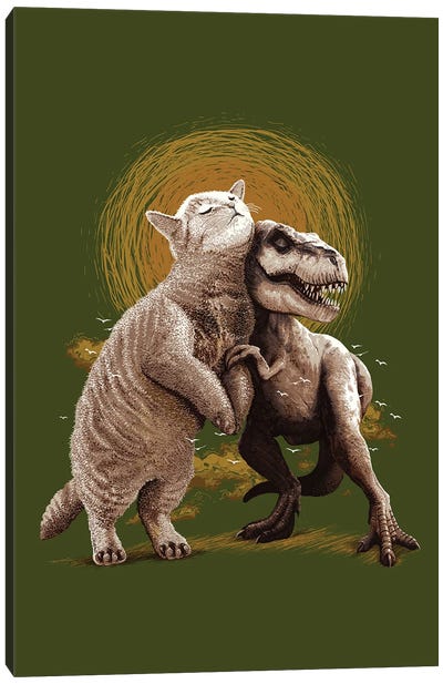 Cat & Trex Canvas Art Print - Tyrannosaurus Rex Art