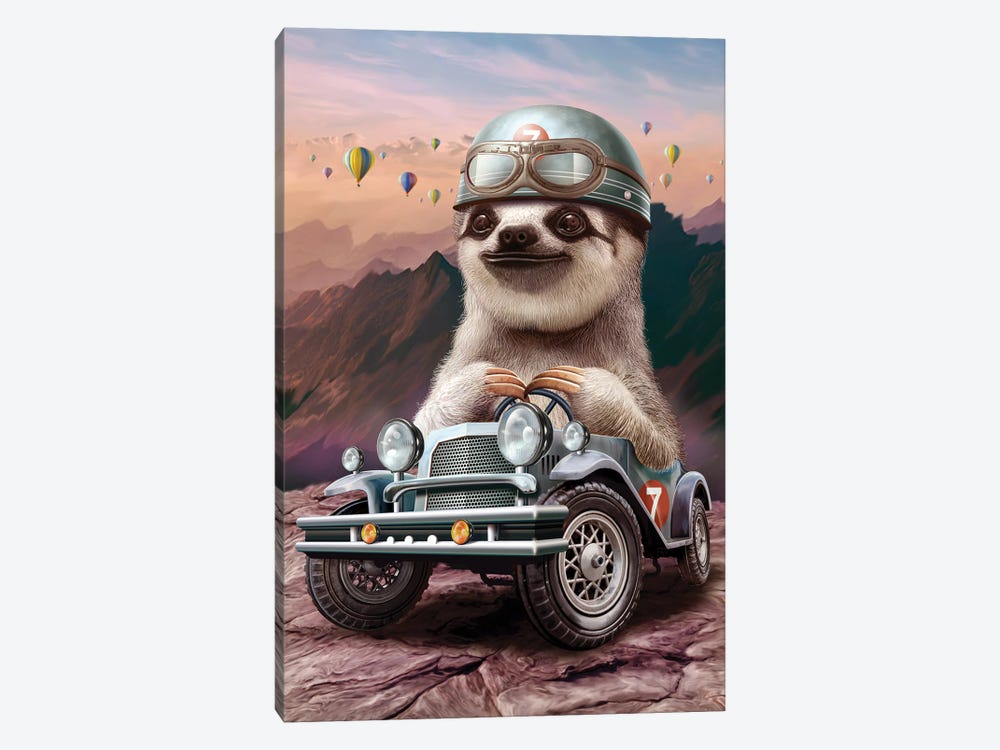 Sloth In Racing Car by Adam Lawless 1-piece Canvas Art