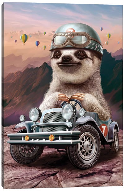 Sloth In Racing Car Canvas Art Print - Adam Lawless