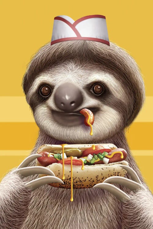 Sloth Selling Hotdogs by Adam Lawless wall art