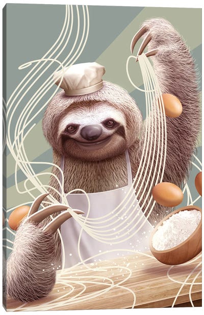 Sloth Making Noodles Canvas Art Print - Egg Art