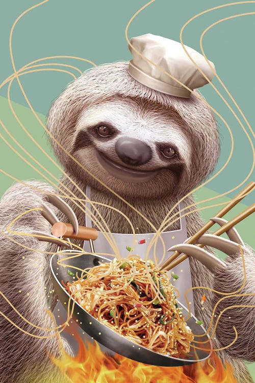 Sloth Cooking Fried Noodles by Adam Lawless wall art