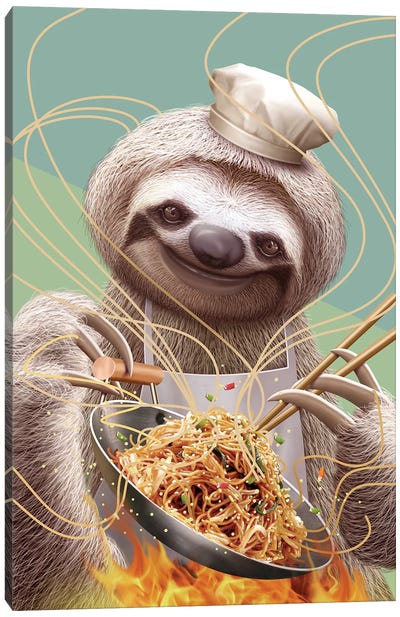 Sloth Cooking Fried Noodles Canvas Art Print - Asian Cuisine Art