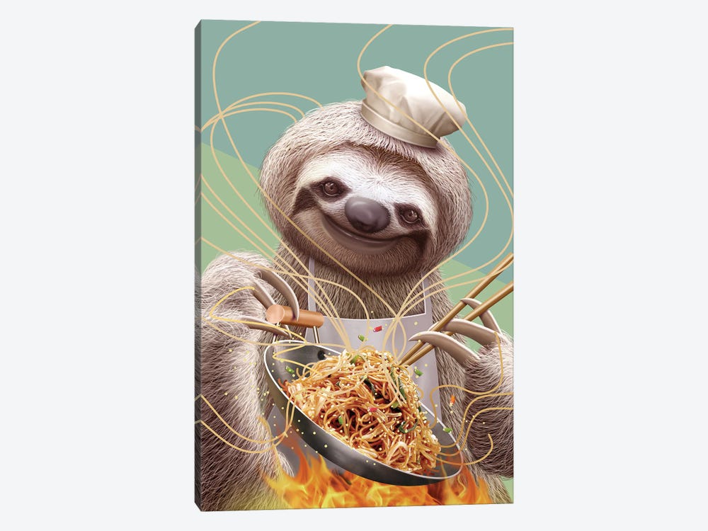 Sloth Cooking Fried Noodles by Adam Lawless 1-piece Canvas Artwork