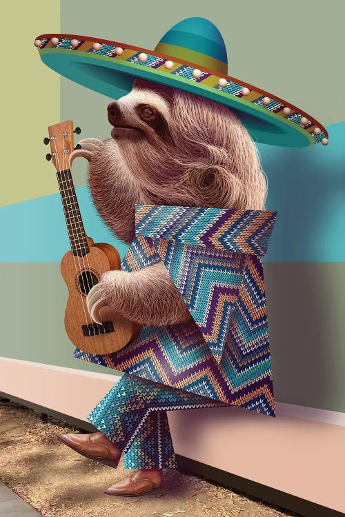 Mexican Sloth Tuning The Guitar by Adam Lawless wall art