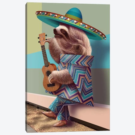 Mexican Sloth Tuning The Guitar Canvas Print #ADL207} by Adam Lawless Canvas Art Print