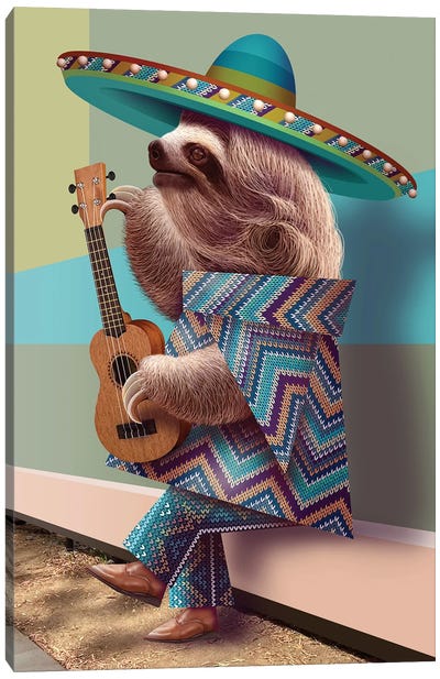 Mexican Sloth Tuning The Guitar Canvas Art Print - Adam Lawless