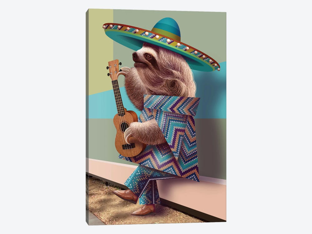 Mexican Sloth Tuning The Guitar by Adam Lawless 1-piece Canvas Wall Art