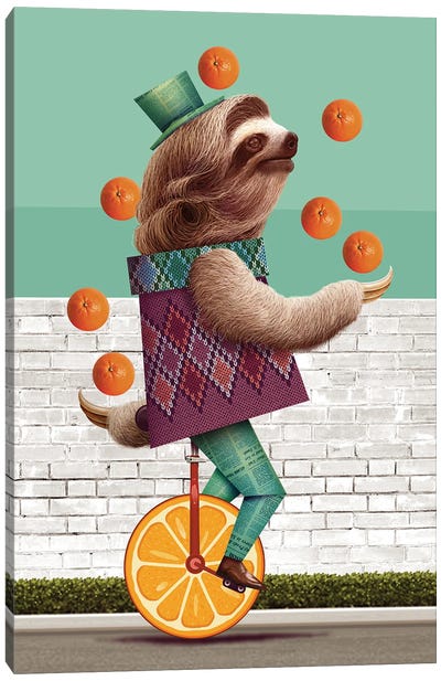 Sloth On An Oranges Unicycle Canvas Art Print - Circus Art