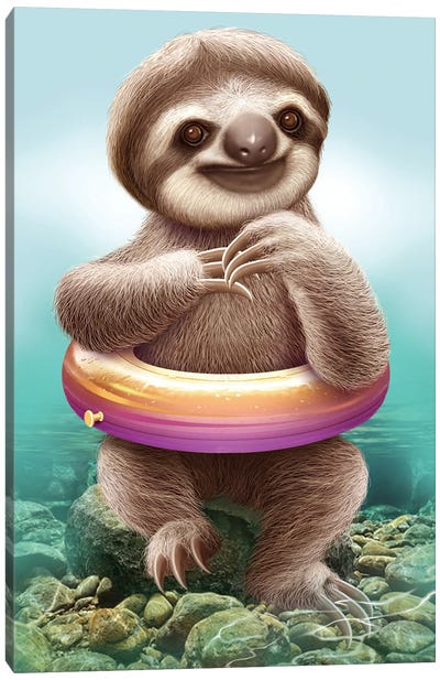Baby Sloth With Buoy Canvas Art Print - Sloth Art