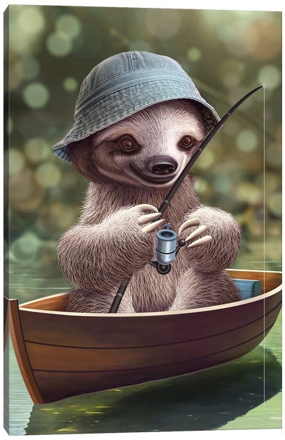 Sloth Go Fishing Canvas Art Print - Sloth Art